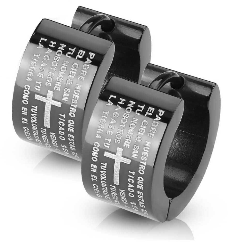 Creolen Schwarz Kreuz Vaterunser/Padre Nuestro Edelstahl Unisex