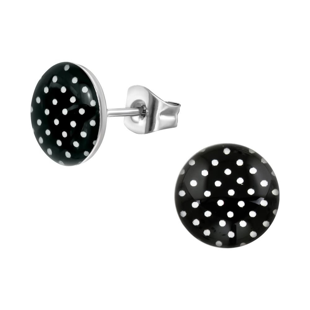 Ohrstecker R Schwarz weißen Punkten 10mm Rockabilly Edelstahl Unisex