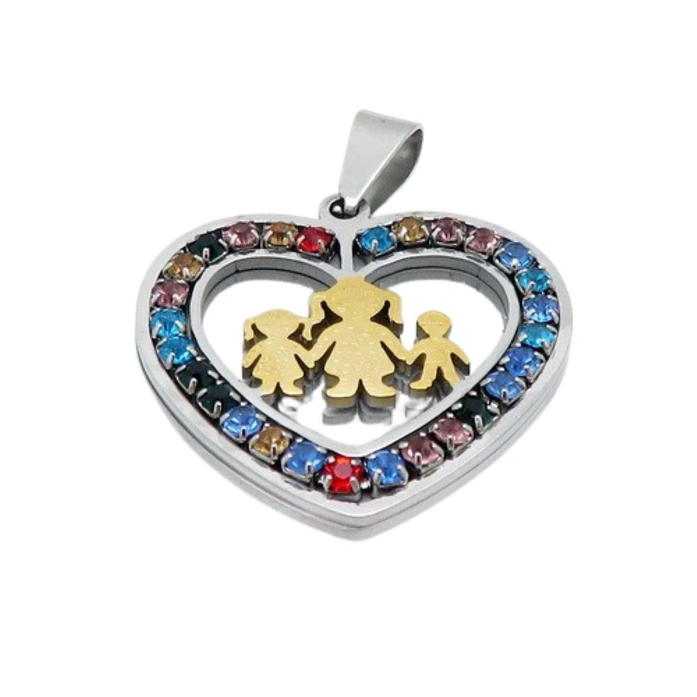 Anhänger Herz "Mam mit Kid´s" Silber bunte Kristalle Edelstahl Damen