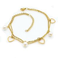 Bettelarmband mit Perlen und Herzen Gold aus Edelstahl...