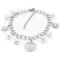 Bettelarmband Spirale, Perlen &amp; Bl&uuml;mchen Silber...