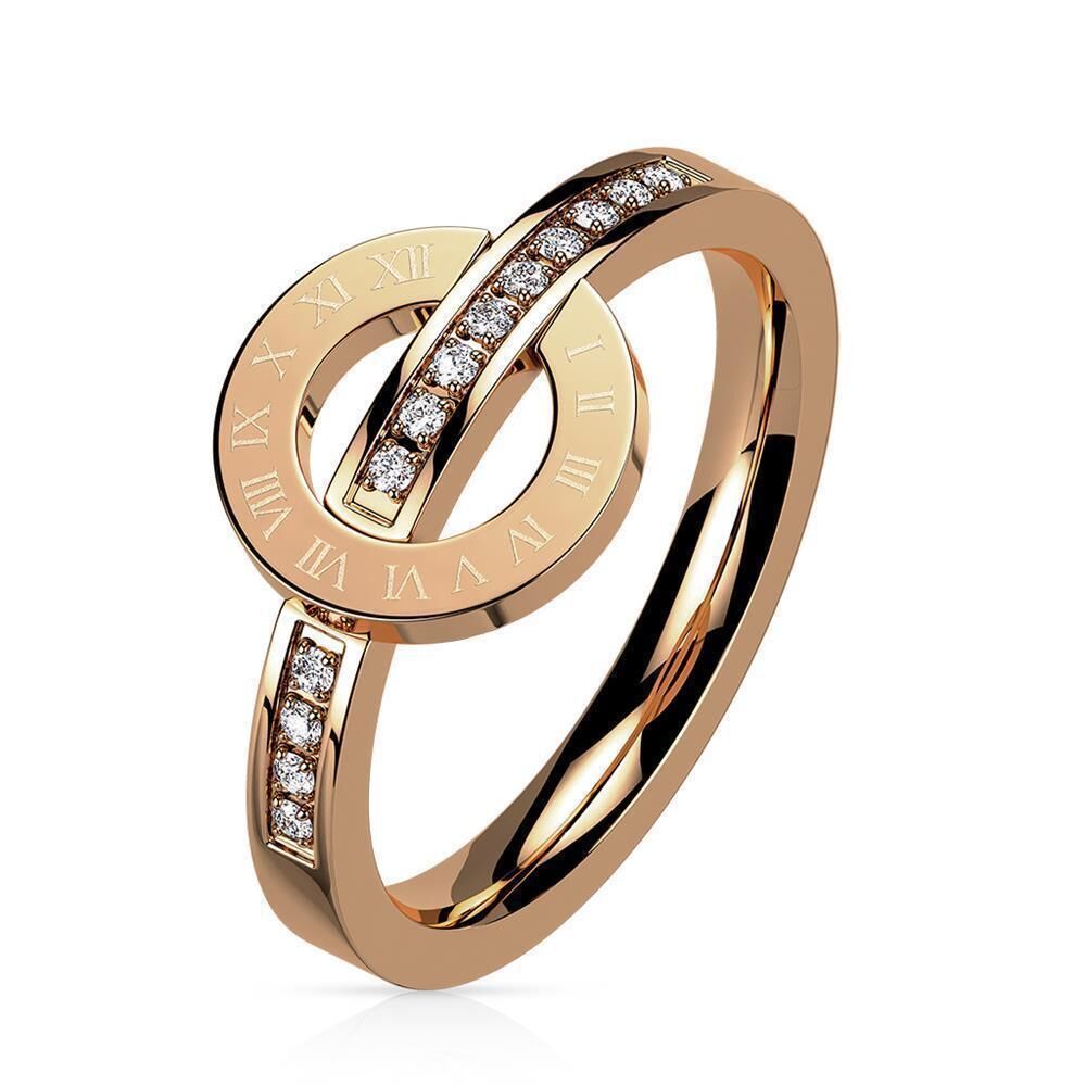 49 (15.6) Ring römischer Ziffernkreis und Kristalle roségold 2,5 mm breit aus Edelstahl Damen