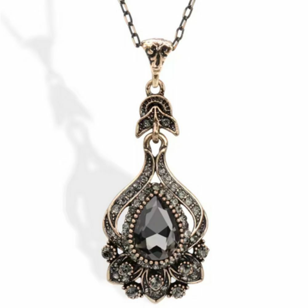 Kette Antik gold mit dunklen Kristallen aus Messing Damen