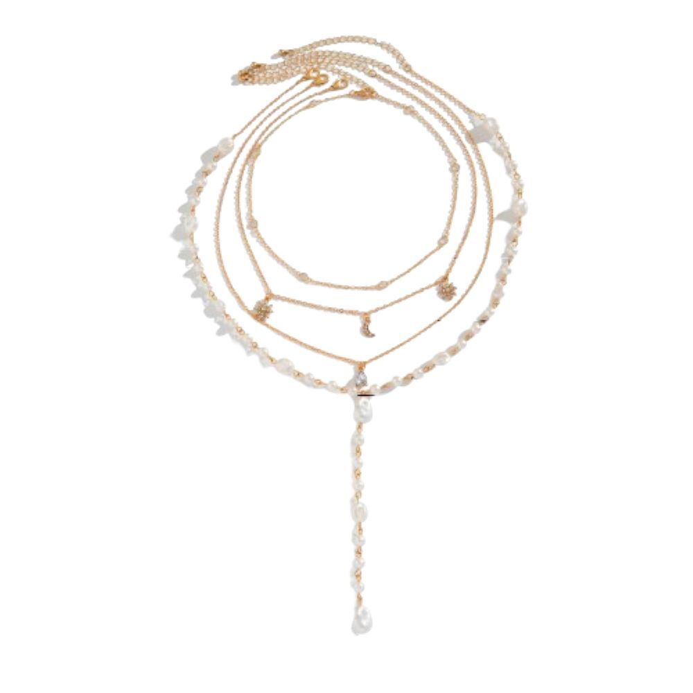 Layering-Kette mehrteilig goldfarben mit Perlen und Kristall-Anhängern für Damen aus Messing
