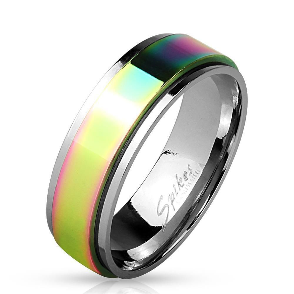 52 (16.6) Bungsa&copy; SPINNER-RING Edelstahl Regenbogen - EDELSTAHLRING silber mit buntem, drehbarem Mittelring - SCHMUCKRING f&uuml;r Damen &amp; Herren / Frau &amp; Mann - dezenter LGBT Gay Pride Rainbow Ring