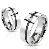 49 (15.6) aus Edelstahl Kristall Ring mit diagonal schwarzem Mittelring silber hochglanzpoliert Damen Herren Partnerringe (Ring Damen Fingerring Partnerringe Verlobungsringe Trauringe Damenring)