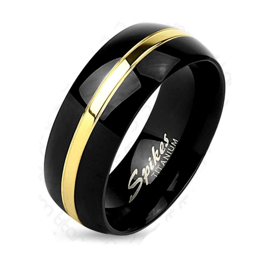 52 (16.6) Bungsa&copy; TITANIUM RING schwarz-gold - Ring aus Titan f&uuml;r DAMEN &amp; HERREN - schwarzer Schmuckring mit Gold Linie - Titan Ringe schwarz - schwarzer TITANRING