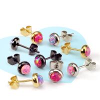 Ohrstecker mit 6mm Opal-Steinen aus Edelstahl für Damen - Silber-Rot