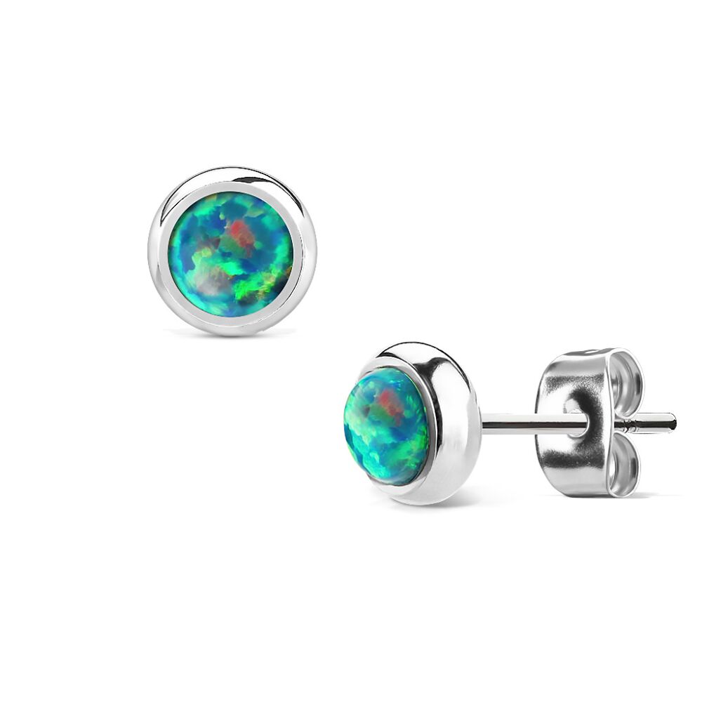 Ohrstecker mit 6mm Opal-Steinen aus Edelstahl für Damen - Silber-Grün