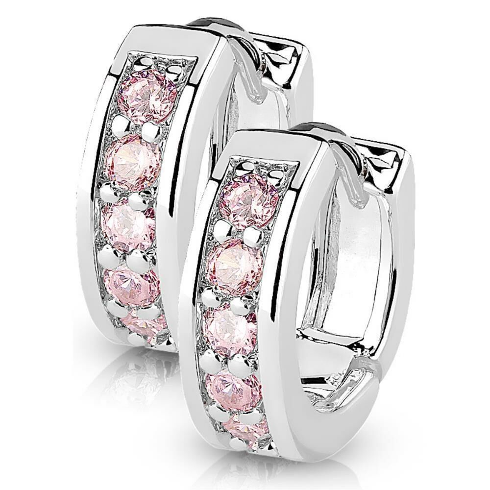 silberne Creolen Kristalle pink aus Edelstahl Damen