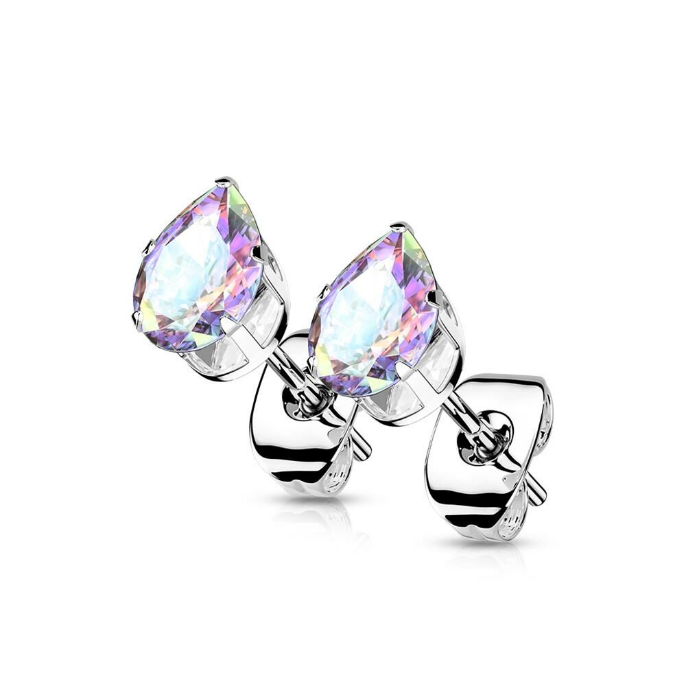 Silber - Ohrstecker mit Aurora Borealis Kristall in Form einer Träne aus Edelstahl Unisex