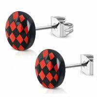 Ohrstecker rund Schachbrett rot Silber aus Edelstahl Unisex