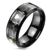 Paarring schwarz mit goldenem 3D-Inlay Herzschlag aus Edelstahl Unisex