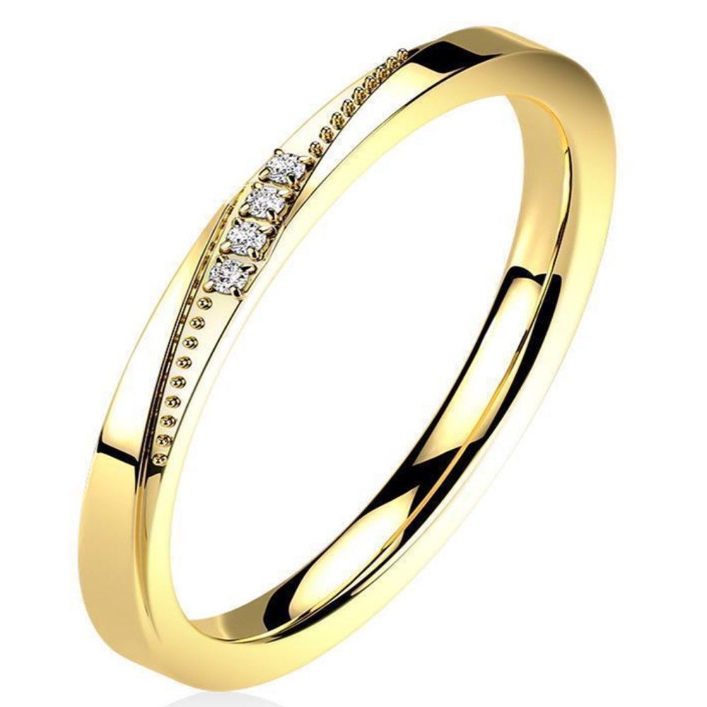 Goldener Ring schmal mit Kristallen und Zierleiste aus Edelstahl, 15
