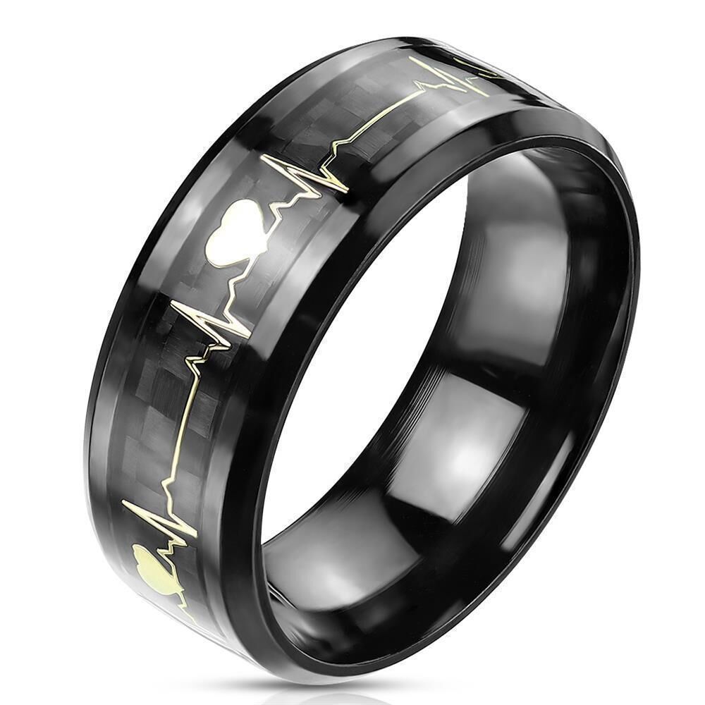 60 (19.1) Paarring schwarz mit goldenem 3D-Inlay Herzschlag aus Edelstahl Unisex