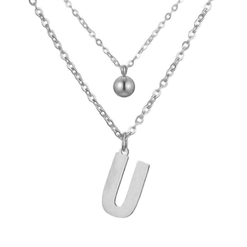 Doppel-Kette Buchstabe "U" Kugel Anhänger Silber Edelstahl Damen