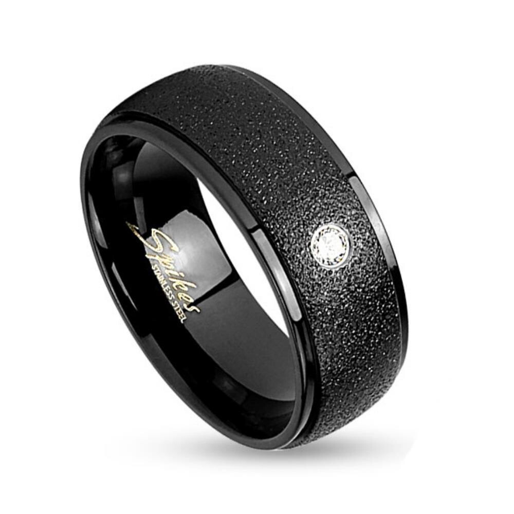 60 (19.1) Schwarzer Ring mit sand-gestrahltem Mittelteil und Kristallstein (aus Edelstahl Damen Herren Fingerring Partnerringe Verlobungsringe Trauringe Damenring aus Edelstahlring Chirurgenstahl)