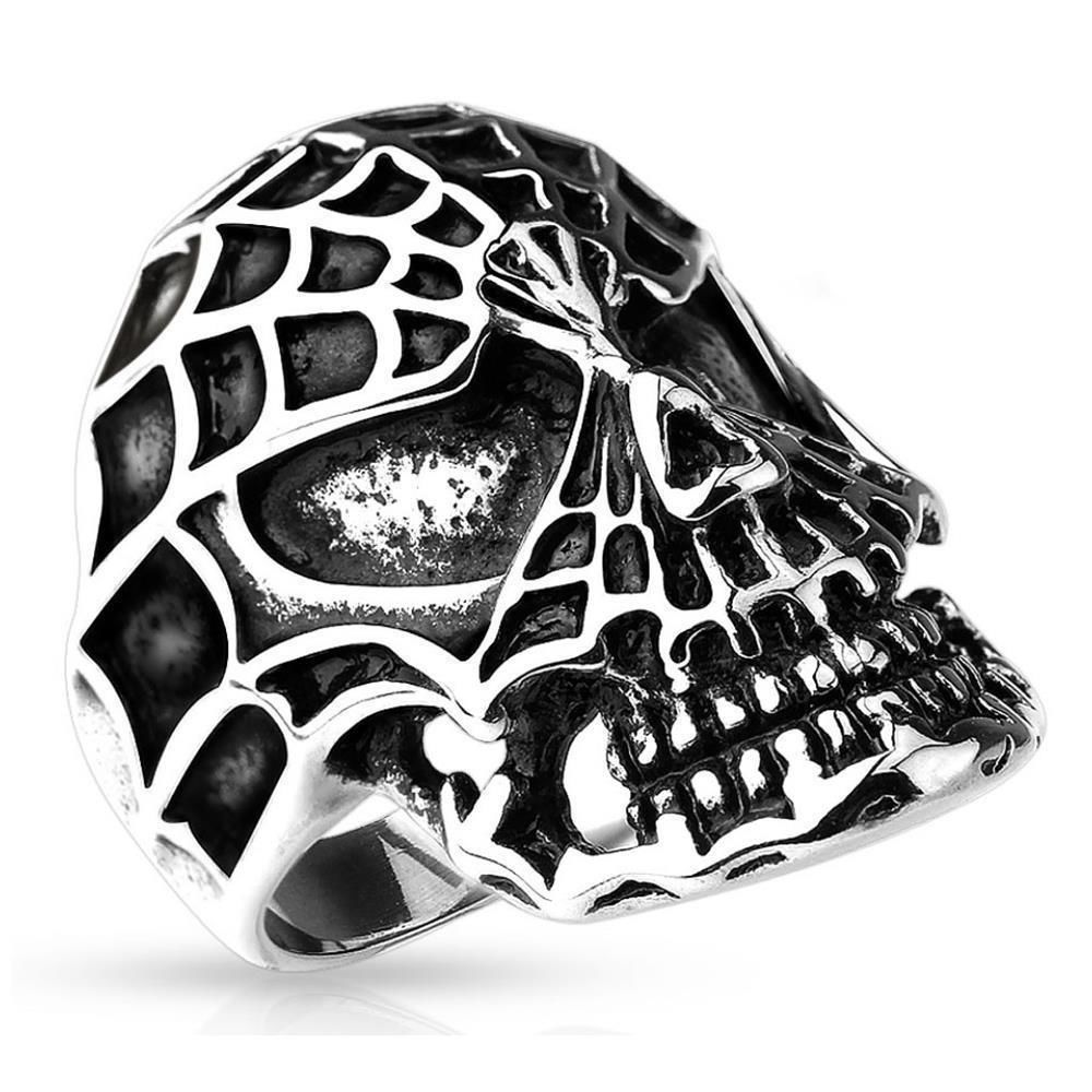 64 (20.4) Totenkopf Skull Ring mit Spinnennetz f&uuml;r Herren (Edelstahl Fingerring Edelstahlring Chirurgenstahl Biker Gothic Death silber schwarz)