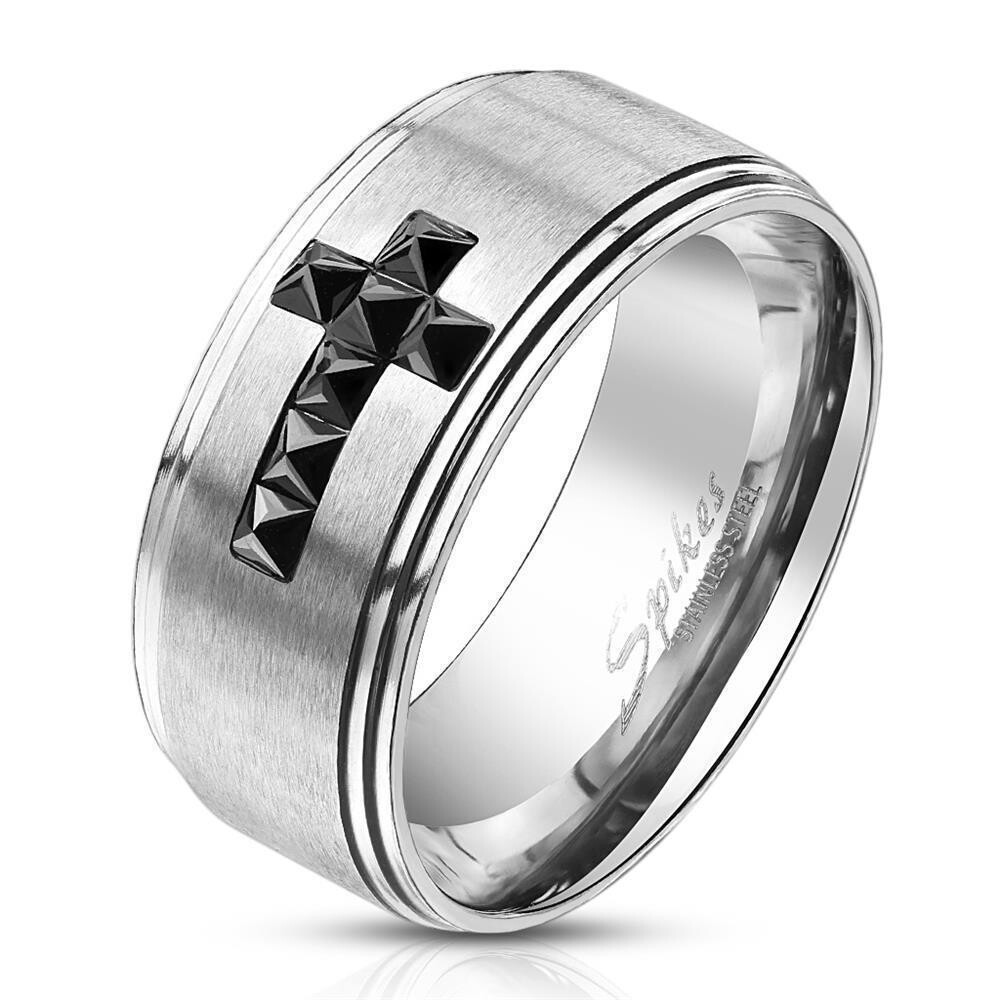 64 (20.4) Ring schwarzes Kristallkreuz auf silbernem Ring für Herren aus Edelstahl