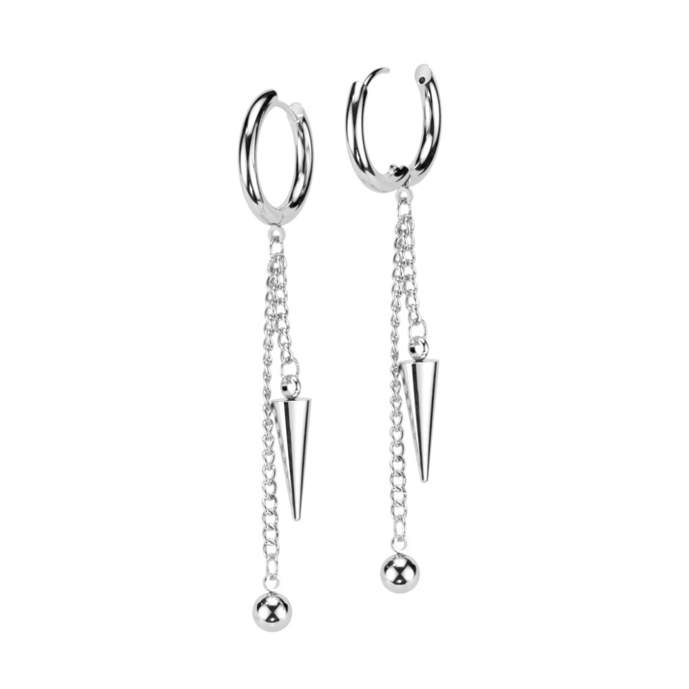 Creolen mit zwei Ketten-Anhängern Kugel und Kegel aus Edelstahl Damen Silber