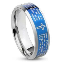 60 (19.1) Ring Gebetstext und Kreuz Silber-Blau aus Edelstahl Herren