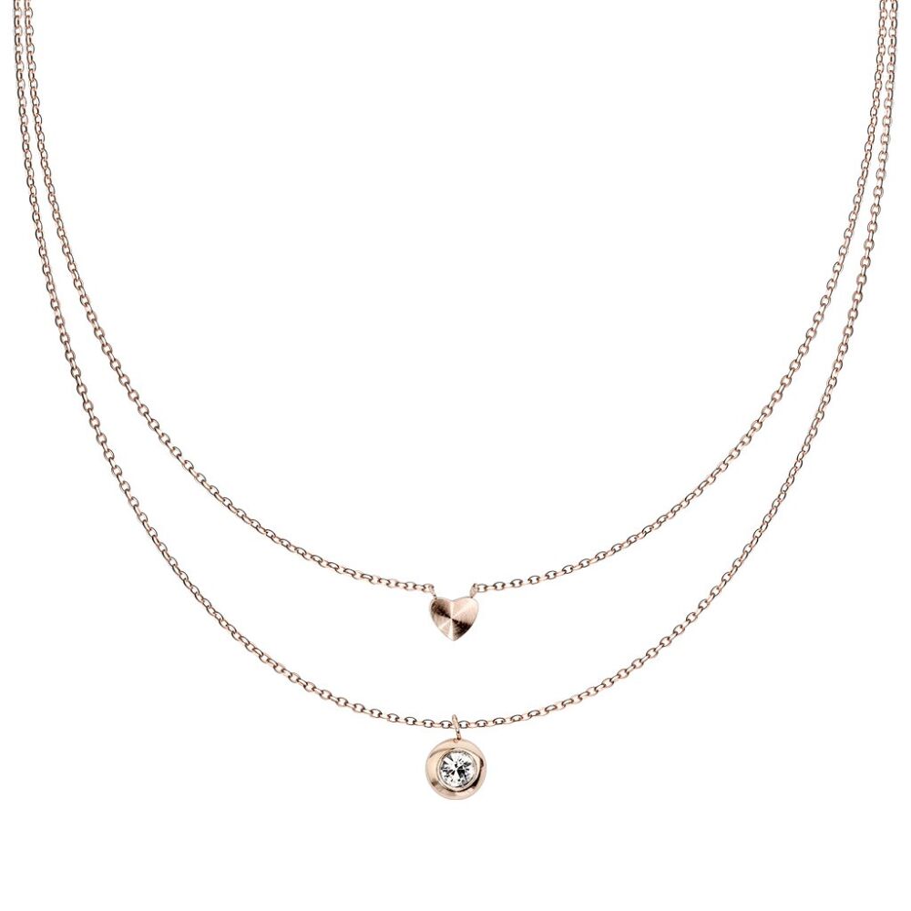 Doppelkette mit Herz rem Kristall Edelstahl Damen Roségold