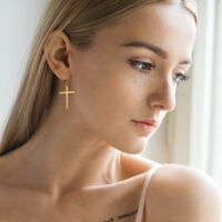 Creolen mit großem Kreuzanhänger aus Edelstahl Unisex Gold