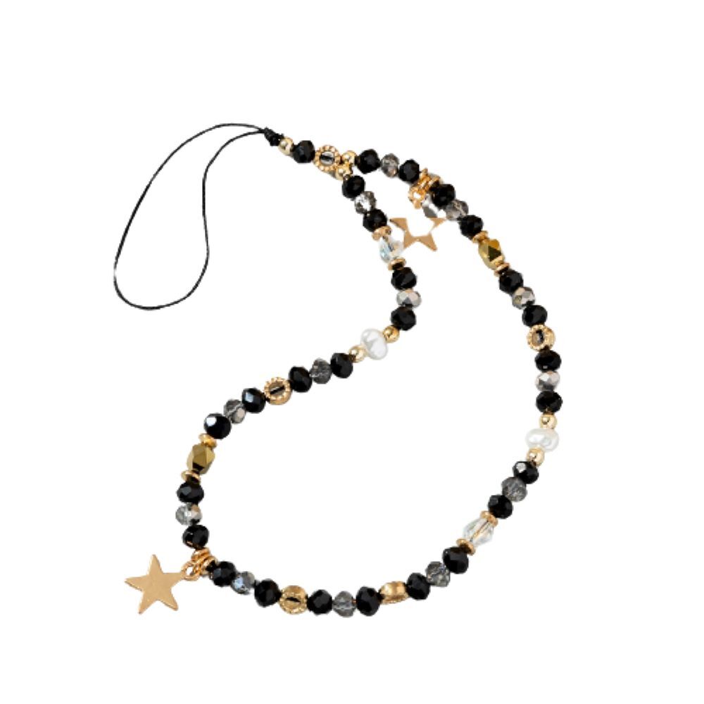Handy-Kette Schwarz Lanyard Perlen und Sterne Nylonband Damen
