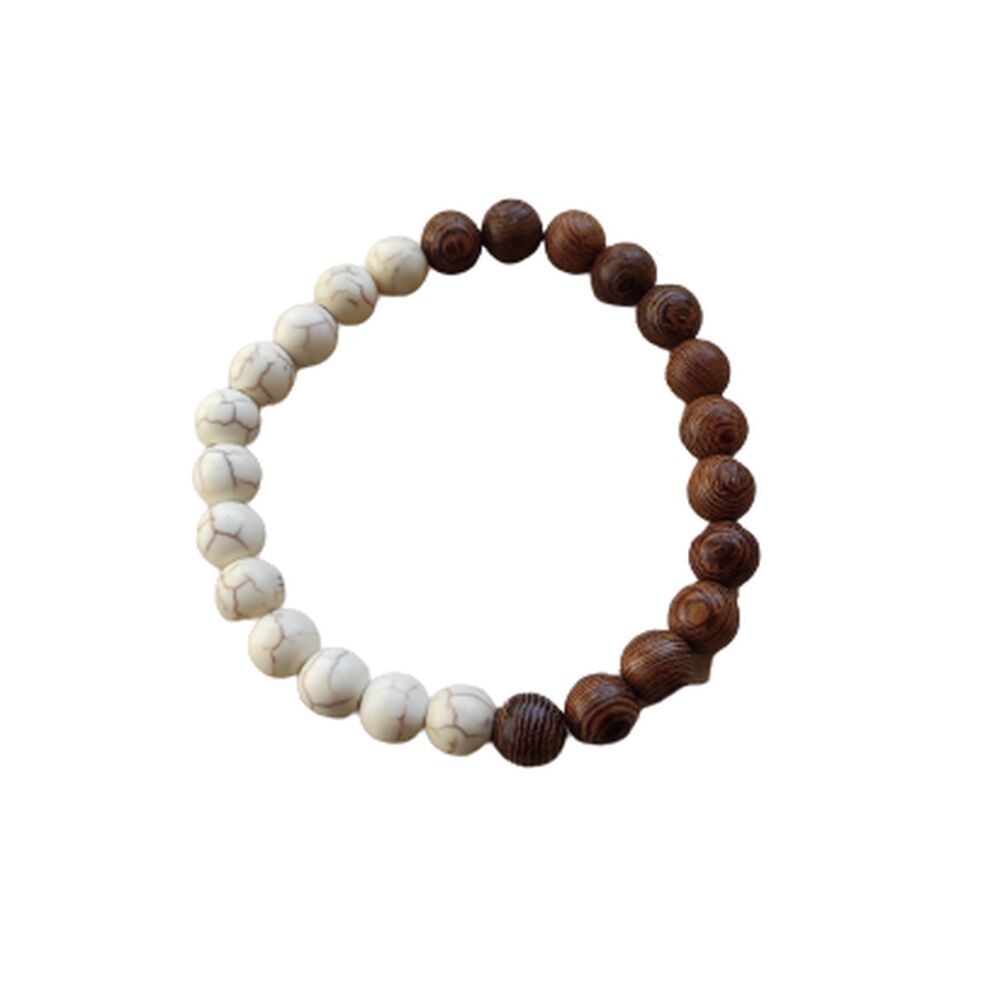 Armband 8mm Perlen Holz/Naturstein Unisex - Holz/Cremé