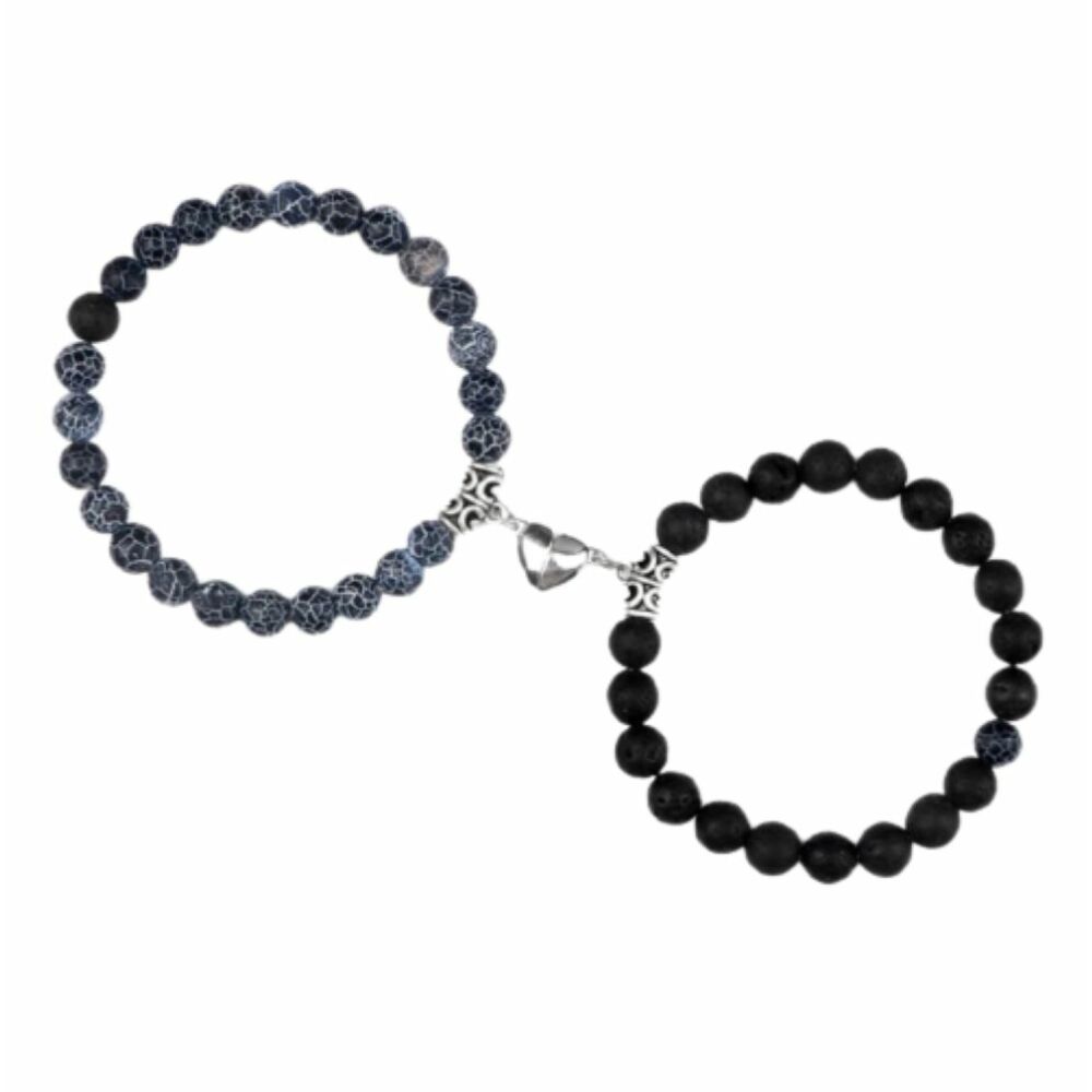 Perlen-Armband für Zwei 8mm mit Magnet Naturstein Unisex - Achat trifft Lavastein