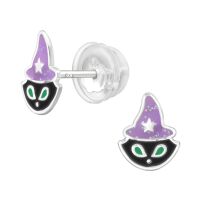 Ohrstecker Glitzer-Katze mit Hexenhut für Halloween-Fans aus 925 Silber