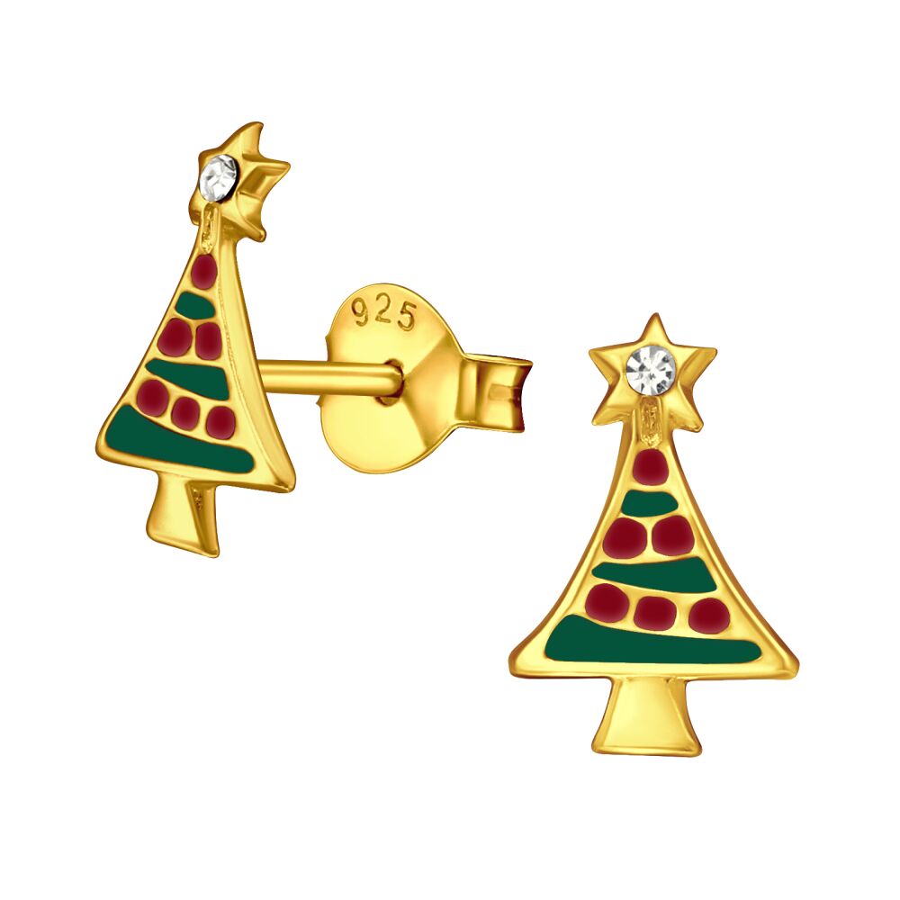 Ohrstecker bunter Weihnachtsbaum mit Kristallen gold 925 Silber Kinder