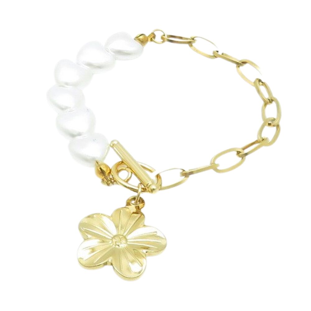 Armband mit Perlen, Blüte Knebelverschluss gold Edelstahl Damen