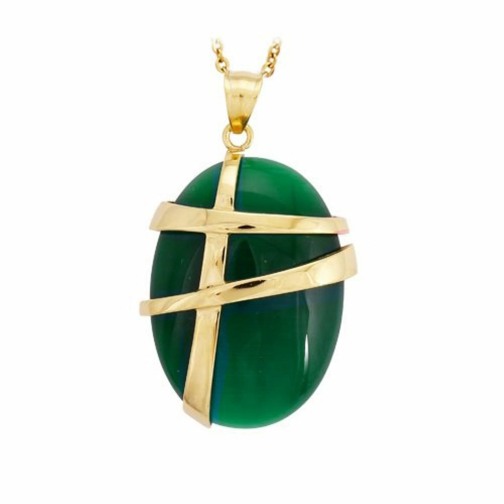 Anhänger Oval mit grünem Trommelstein 44 mm und goldener Verzierung aus Edelstahl Damen