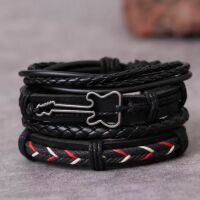 Armband 4teilig schwarz mit Gitarre aus Leder Unisex