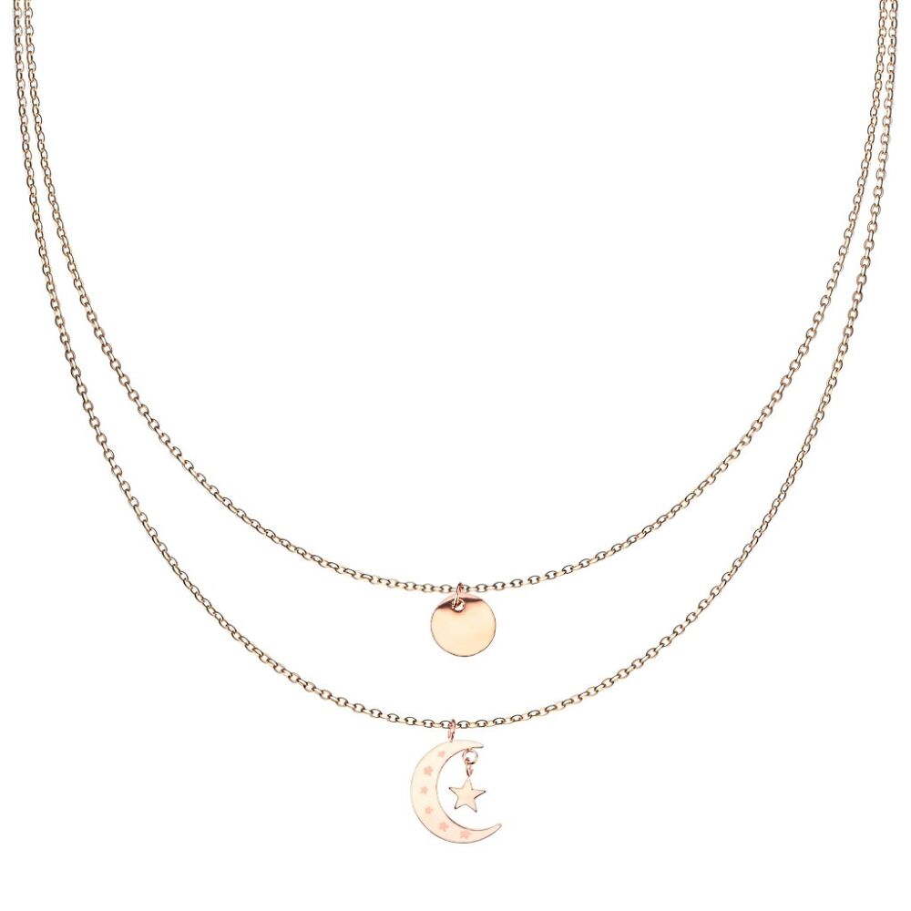 Kette Doppelkette Plättchen, Mond Sterne rosegold Edelstahl Damen